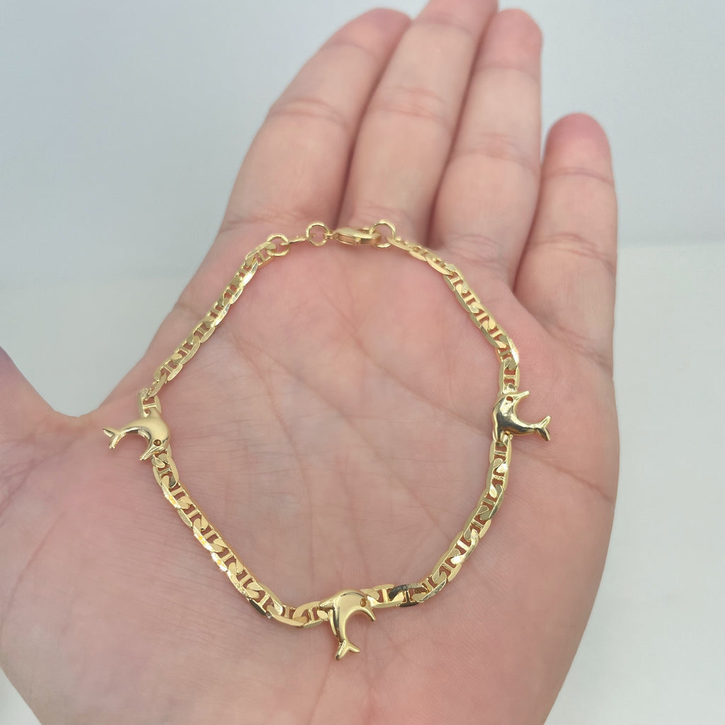 18k Gold Filled 3mm Mariner Link Chain Bracelet featuring Dolphin Charms Linked Bracelet