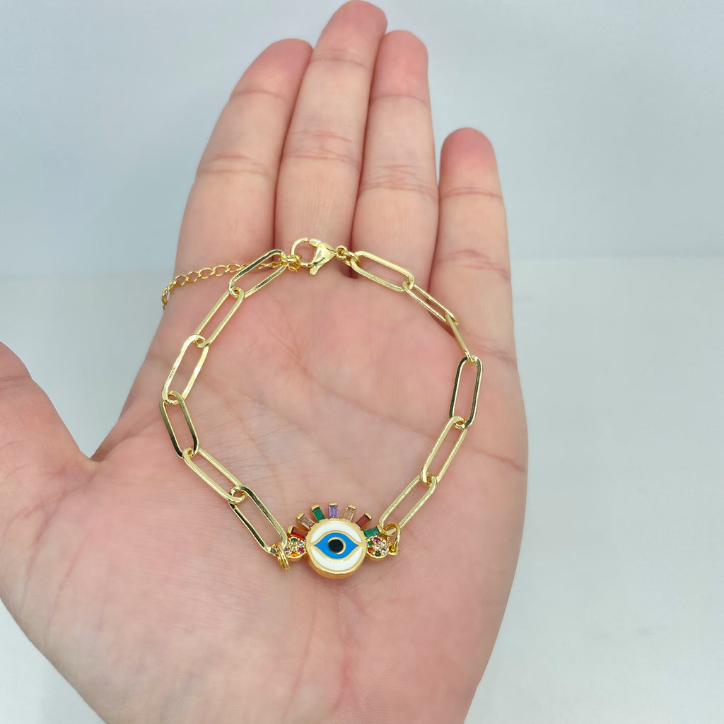 18k Gold Filled 5mm Paperclip Chain Bracelet, Enamel & Multicolor Micro CZ Evil Eye Charm