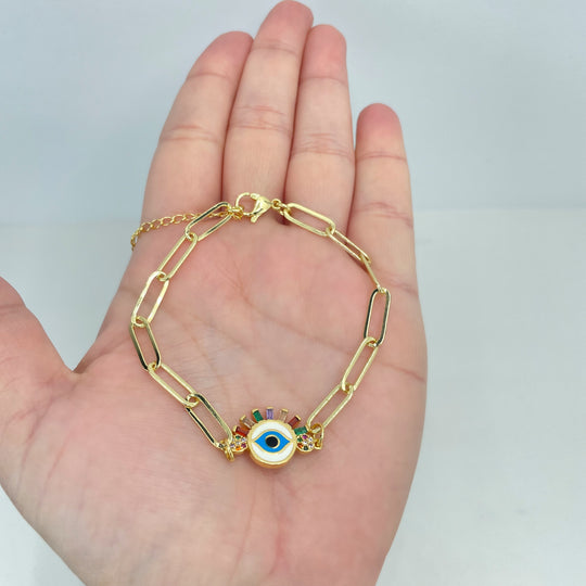 18k Gold Filled 5mm Paperclip Chain Bracelet, Enamel & Multicolor Micro CZ Evil Eye Charm