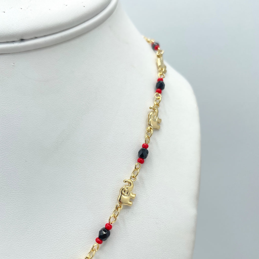 18k Gold Filled Luck & Protective Necklace,Linked with Simulated Azabache and Puffed Elephants Charms