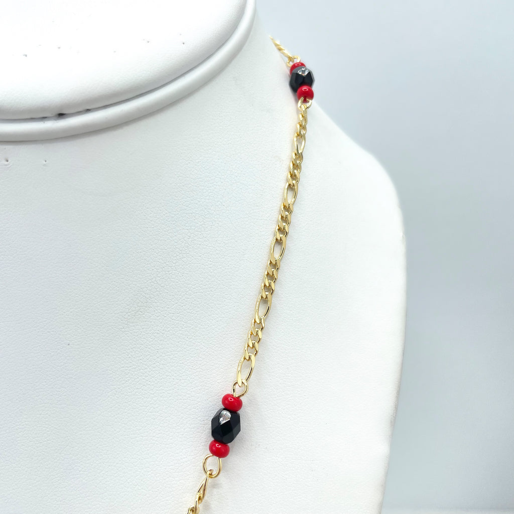18k Gold Filled Luck and Protection Necklace, 3mm Figaro Chain, Linked Simulated Azabache