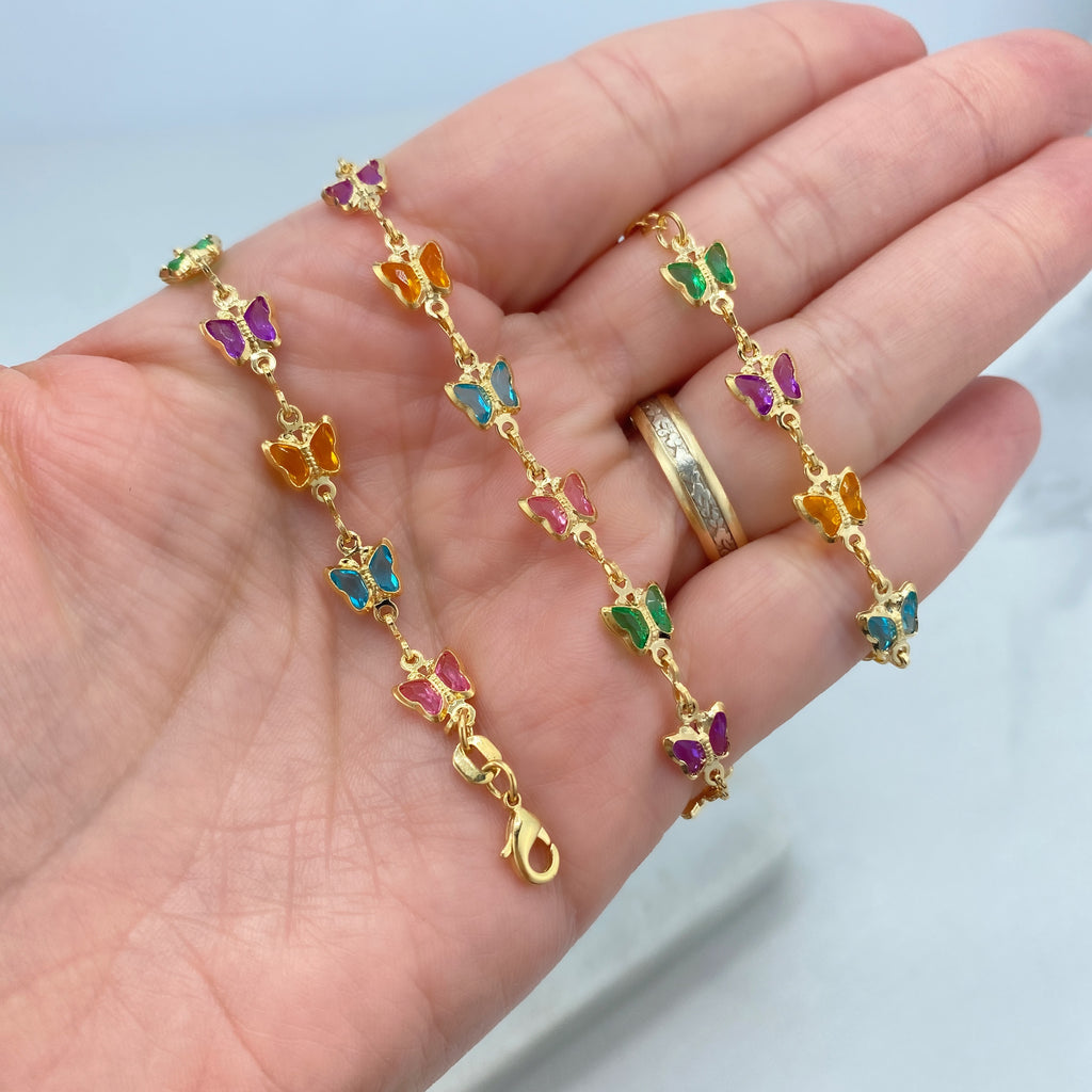 18k Gold Filled Multi Colored Crystal Linked Butterflies Necklace or Bracelet SET