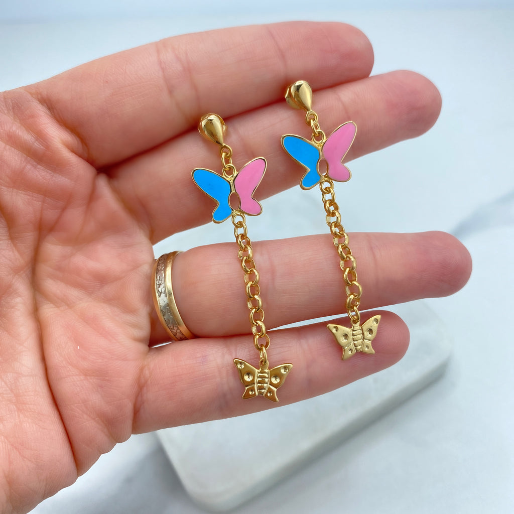 18k Gold Filled Drop & Dandle Earrings, Enamel Blue Pink Butterfly on Top with Drop Chain