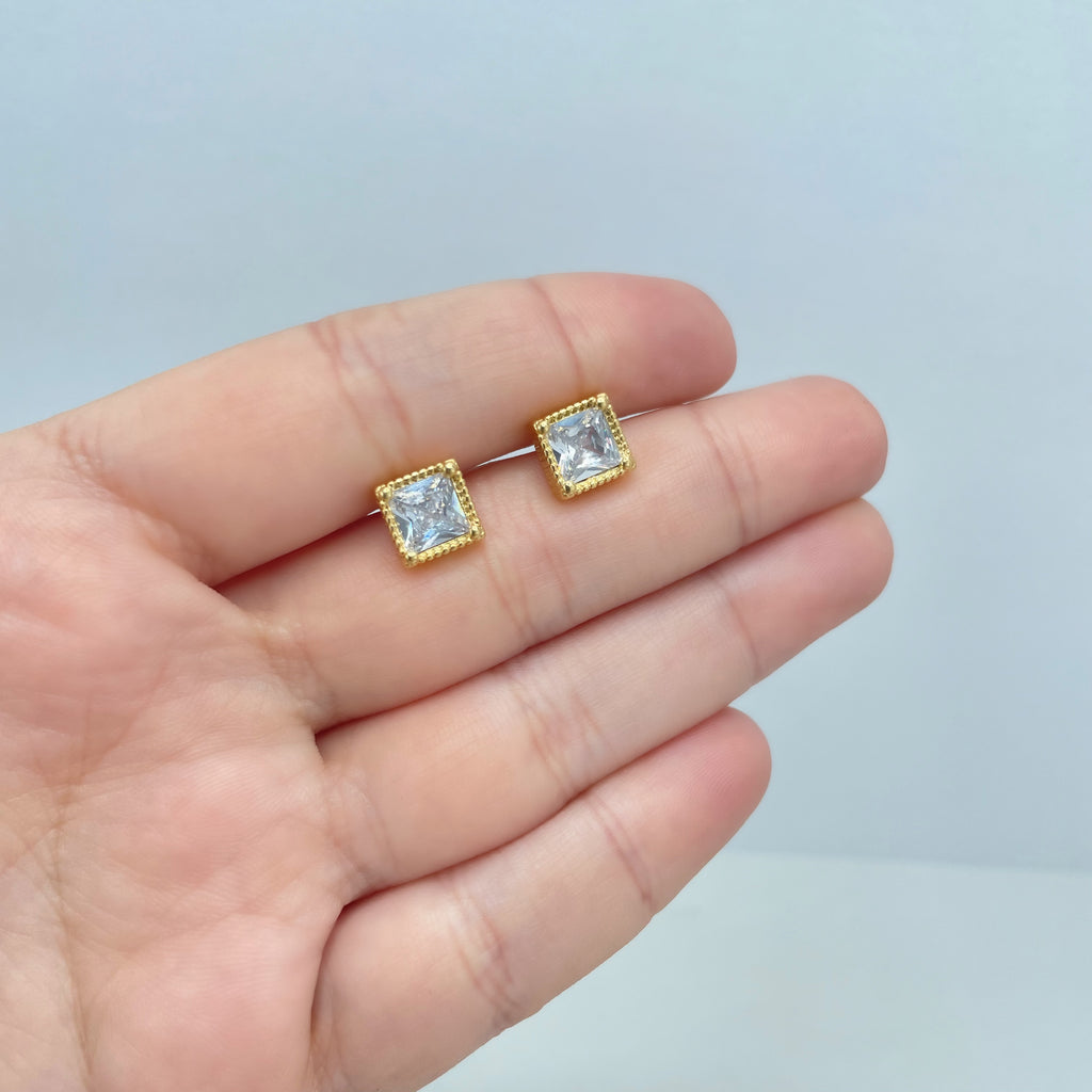 18k Gold Filled Clear Cubic Zirconia Square Shape Stud Earrings, Solitaire Square Zirconia