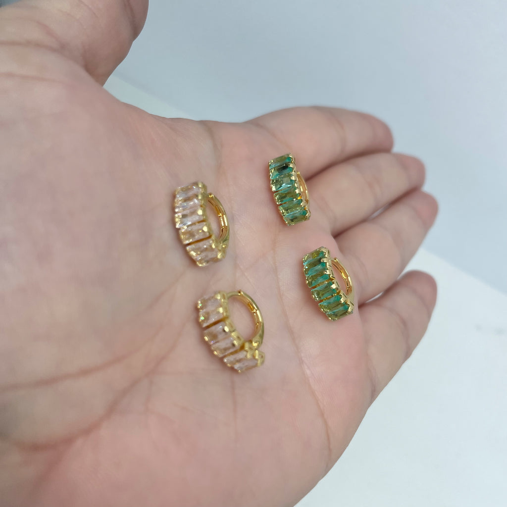 18k Gold Filled Baguette Cubic Zirconia Clear or Green Huggie Earrings, Fine Classic Jewelry