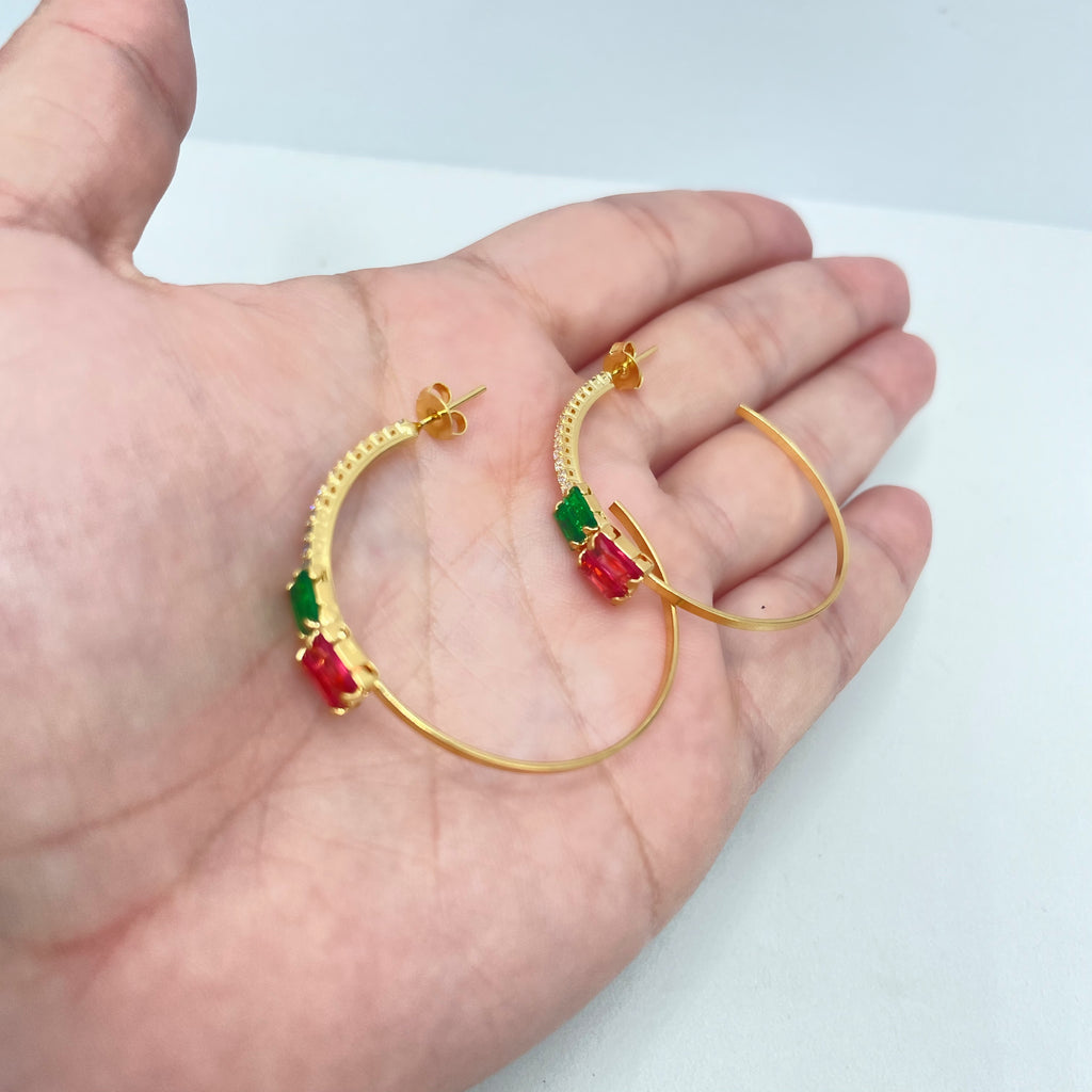 18k Gold Filled C-Hoop Earrings featuring Micro Pave CZ, Green & Pink Cubic Zirconia