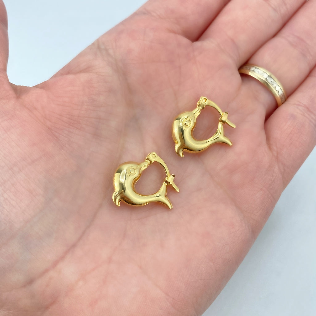 18k Gold Filled Puffed Dolphin Earrings, Dolphin Hoop Earrings