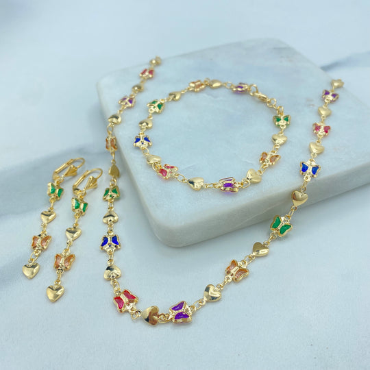 18k Gold Filled Multicolor Butterfly Crystal Linked with Hearts Necklace, Bracelet, or Earrings, Set or Individual