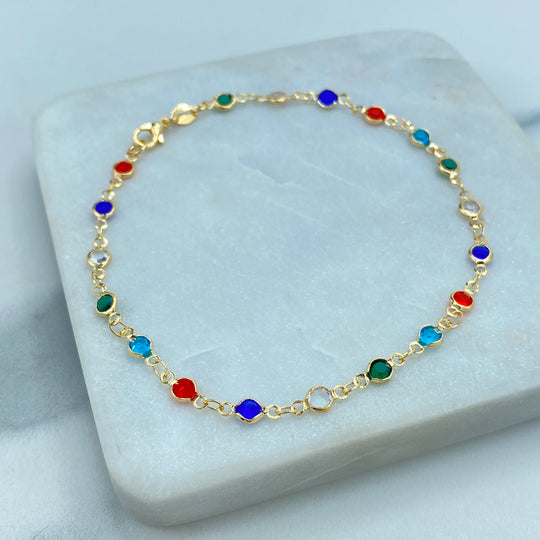 18k Gold Filled Linked Multicolor Crystal Anklet, Rainbow Crystal Link Anklet, Colorful Anklet