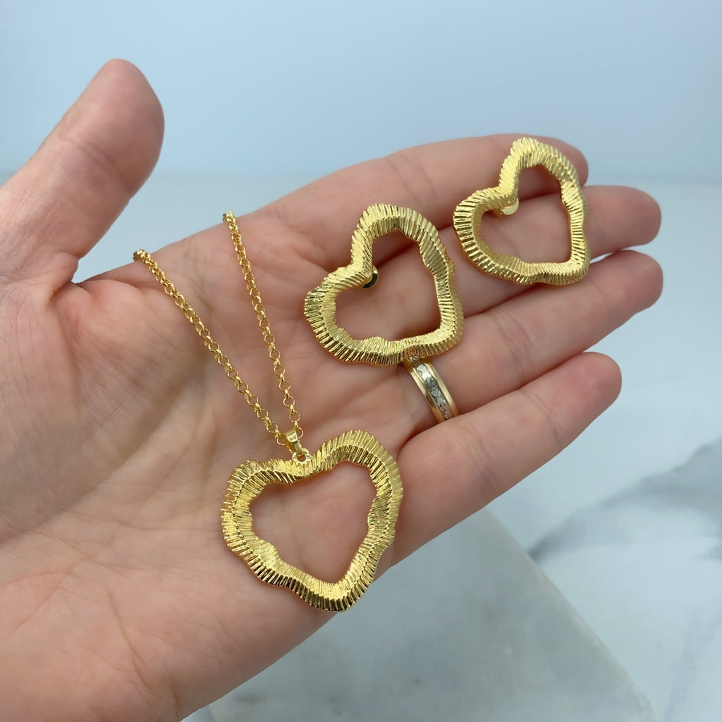 18k Gold Filled Texturized and Irregular Hearts Necklace and Stud Earrings Set