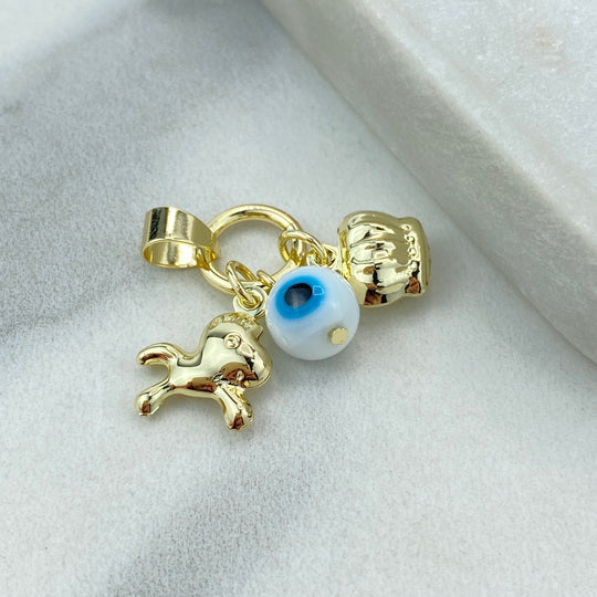 18k Gold Filled Protection Amulet with Playful Horse, Evil Eye and Crown Charm, Protection against the Evil Eye Charm