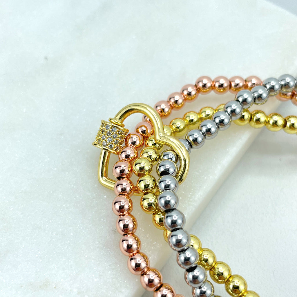 18k Gold Filled Three Tone 4mm Beads Elastic Stackable Bracelet & Micro Cubic Zirconia Heart Charm