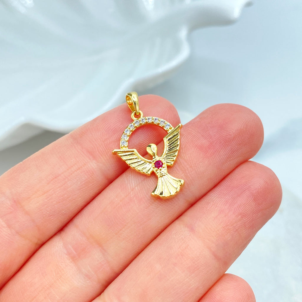 18k Gold Filled Angel Charm, CZ Halo Pendant with Red CZ Stone, Dainty Religious Jewelry, Faith Gift, CZ Angel Charm