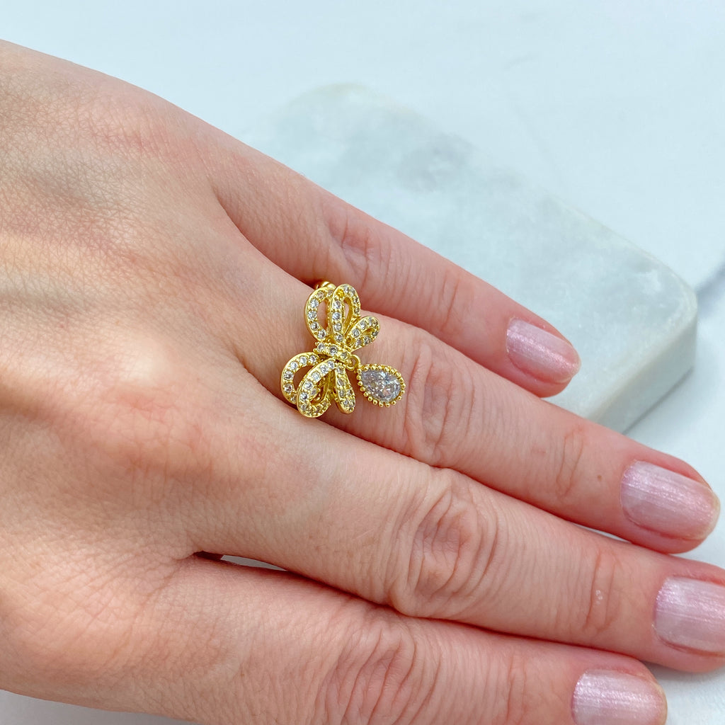 18k Gold Filled Ribbon Bow Ring featuring Micro CZ | Adjustable Ring