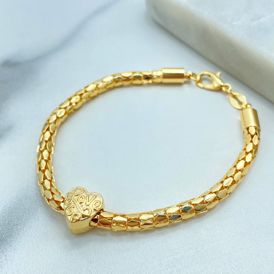 18k Gold Filled Woven Mesh Bracelet with Heart “Love” Charm, Mesh Link Design Bracelet with Love Heart Charm