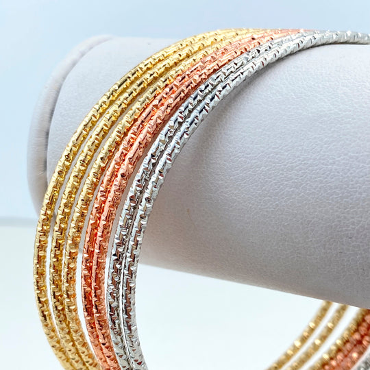 18k Gold Filled Diamond-Cut Bangle Bracelet Stackable in Tri-Tone, 7pcs Thin Circle Stackable Bracelet, 7 Piece Skinny Bangle Set