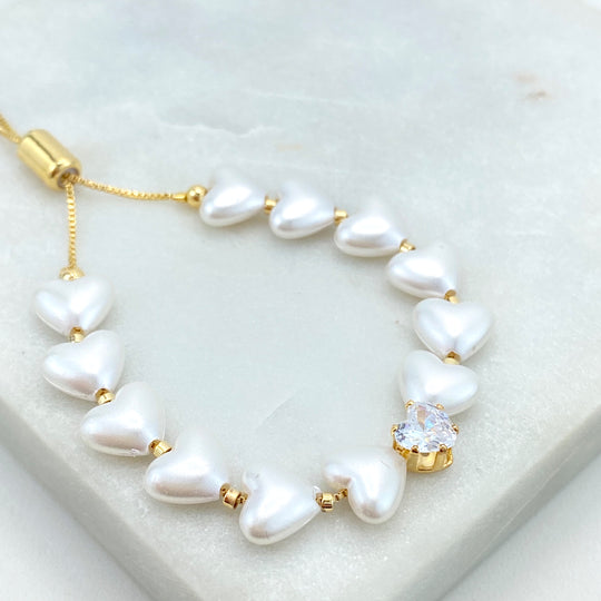 18k Gold Filled Heart Pearl Shape Bracelet with Heart Zirconia, Pearl Heart Shape Adjustable Bracelet