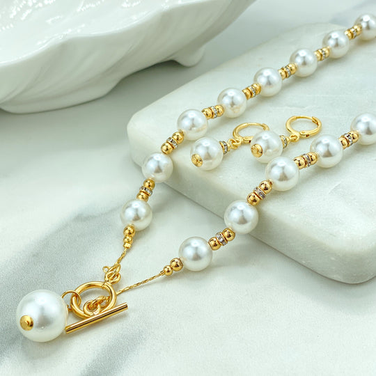 18k Gold Filled Simulated Pearl & Cubic Zirconia Necklace and Earrings Set, Toggle Clasp Pearl Necklace, Pearl Earrings