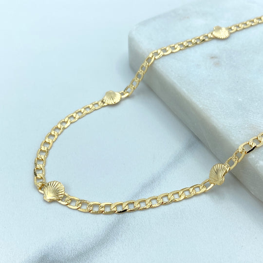 18k Gold Filled 4mm Diamond Cut Style Curb Link Chain with Seashells, 18 Inches Long, Cuban Link Chain Necklace