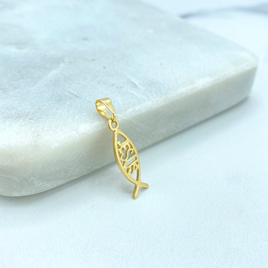 18k Gold Filled Cutout Jesus name inside Fish Shape Charm, Religious Jewelry