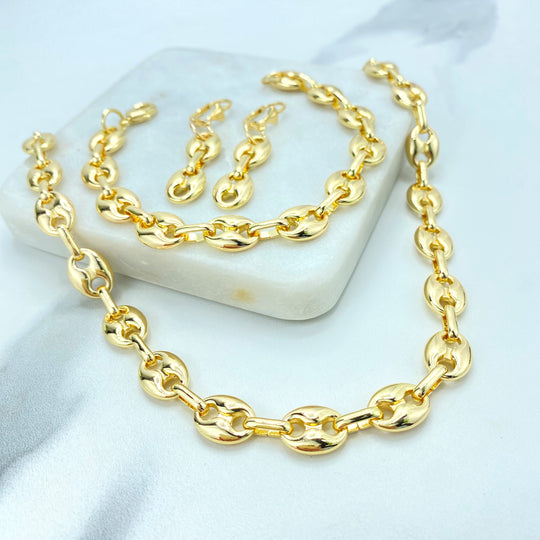 18k Gold Filled 10mm Mariner Anchor Chain Link Set, Chunky Mariner Link Chain Set, Necklace + Bracelet + Drop Earrings