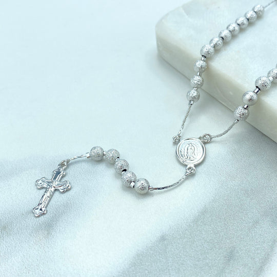 Silver Filled Our Lady of Guadalupe Beaded Rosary, Textured Beads Rosary Virgen de Guadalupe Charm & Jesus on the Cross