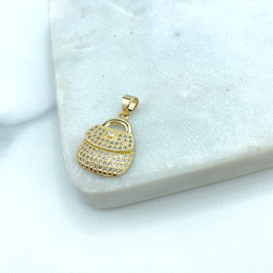 18k Gold Filled Micro Clear Pave Cubic Zirconia, Purse Shape Charm,Vintage Hand Bag Charm