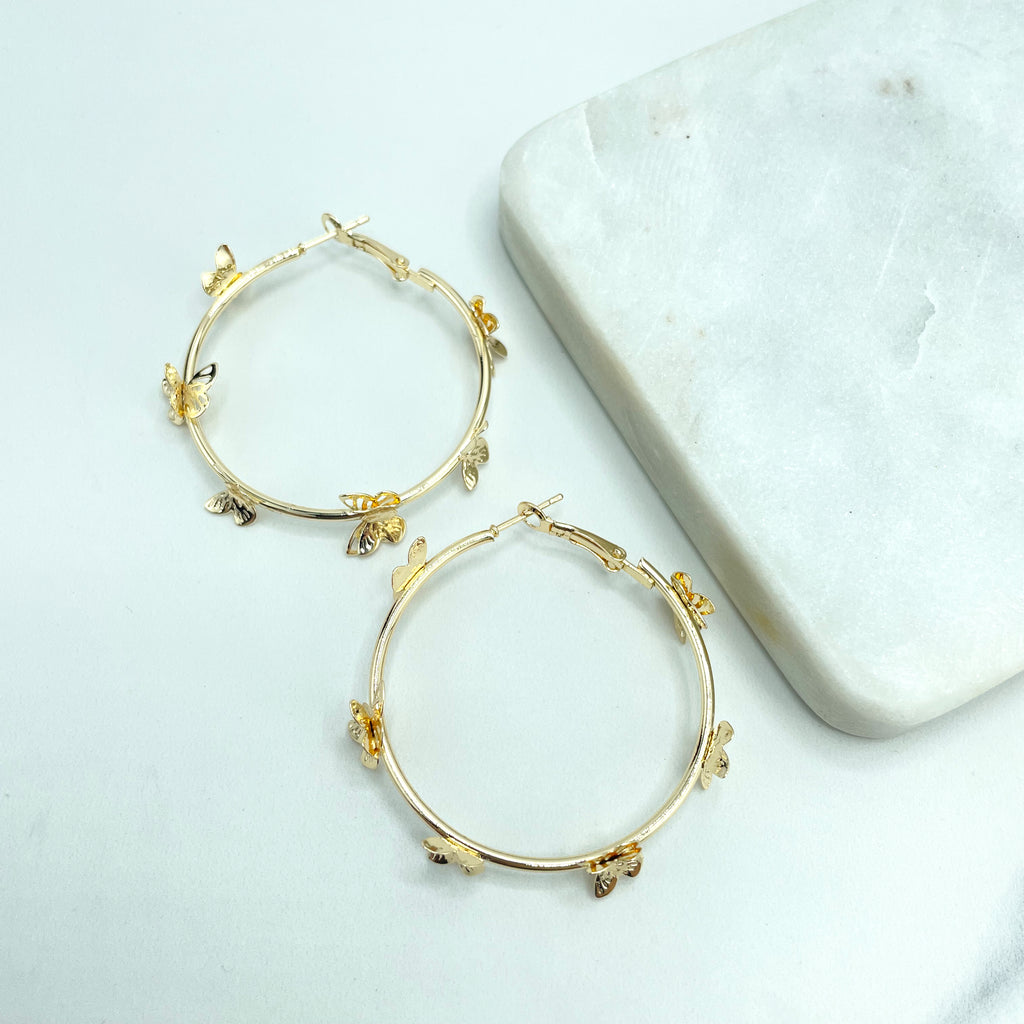 18k Gold Filled 50mm Thin Hoop Earrings with Petite Butterflies, Spring Inspiration Jewelry