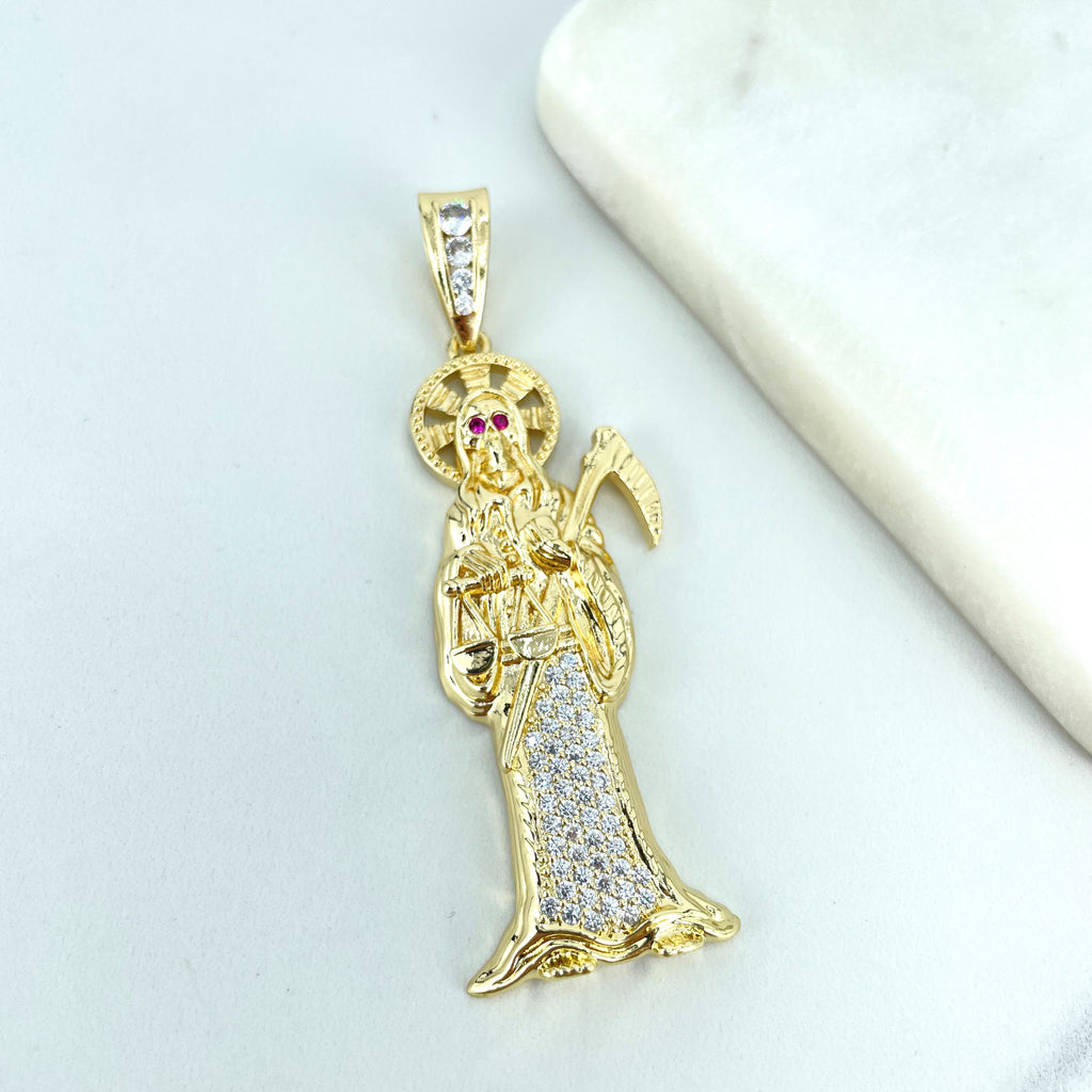 18k Gold Filled Clear & Pink CZ Grim Reaper Skeleton Religious Pendant