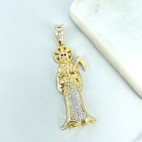 18k Gold Filled Clear & Pink CZ Grim Reaper Skeleton Religious Pendant
