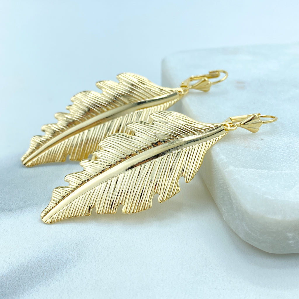 18K Gold Filled Textured Feather Leaf Drop Dangle Earrings, Dangly Boho Leaf and Feather Drop Earrings, Dangling Nature