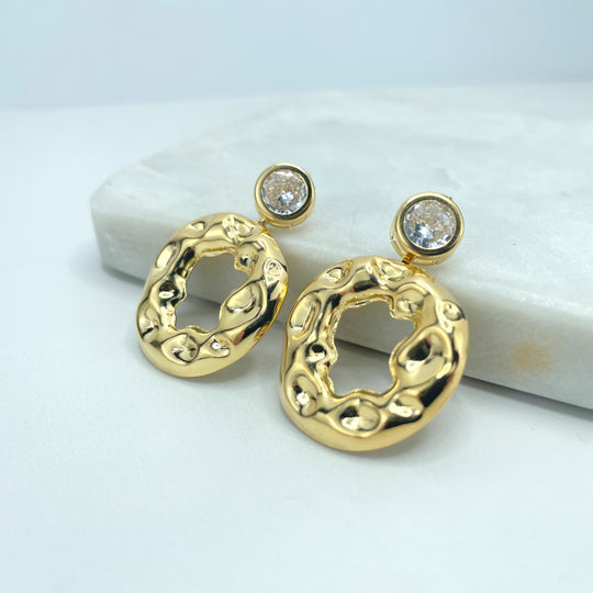 18k Gold Filled Liquid Texturized Circle Dangle & Drop Earrings with CZ Push Back, Hammered