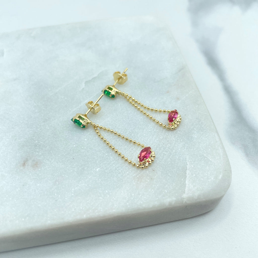 18k Gold Filled Drop and Dangle Earrings, Teardrop Shape Earrings, Green & Pink CZ