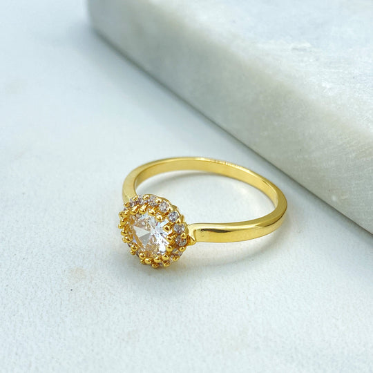 18k Gold Filled Wedding Ring, Engagement Ring, Clear CZ Solitaire Ring, Halo Ring