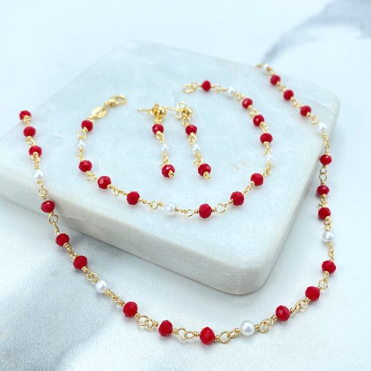 18k Gold Filled Colored Beads Set, Red White Beaded Chain, Necklace, Bracelet or Earrings