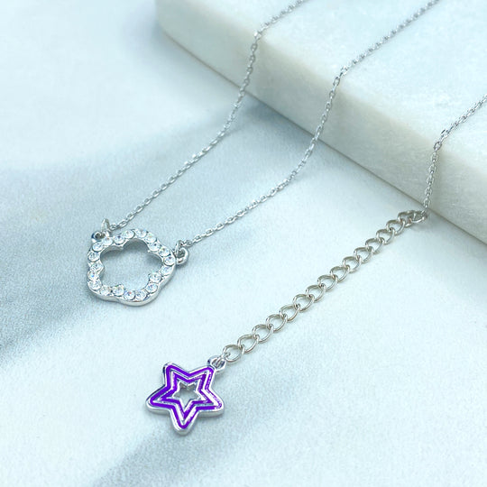 Silver Filled Delicate Necklace with CZ Flower Charm Front, and Purple Enamel Star Extender