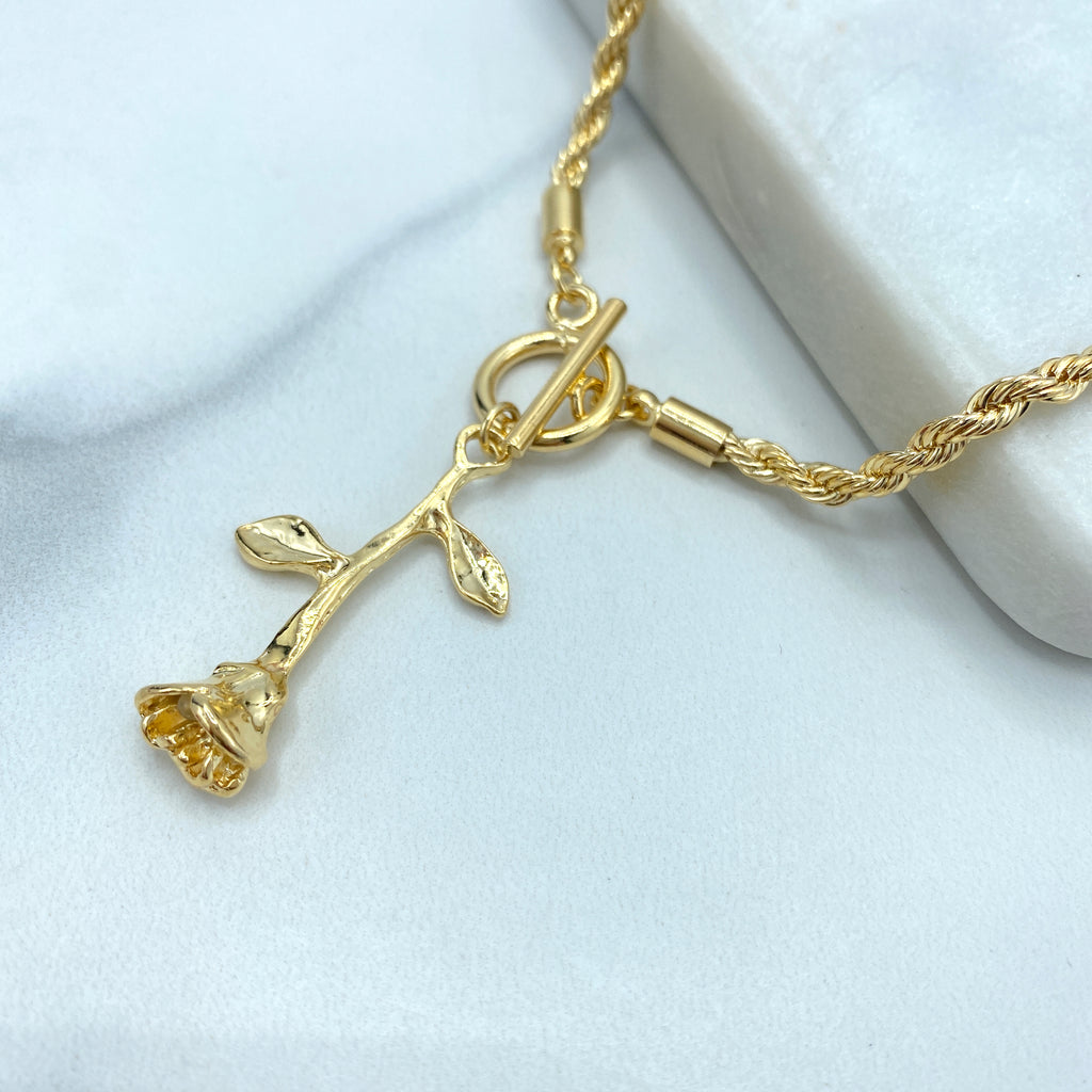 18k Gold Filled 2mm Rope Chain Necklace with Toggle with Solid Rose Closure