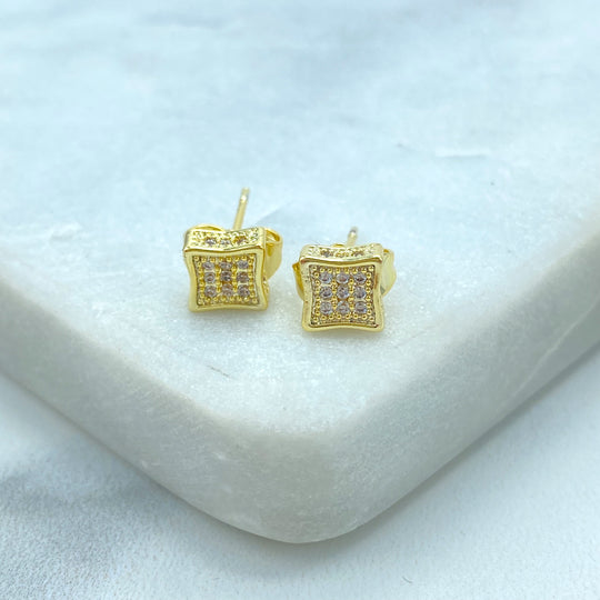 18k Gold Filled Square Shape Stud Earrings with Micro Pave, Micro CZ Square Earrings, Unisex Earrings