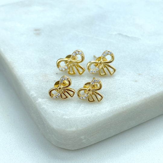 18k Gold Filled 12mm or 10mm Petite Ribbon Bow Stud Earrings featuring Micro Pave, Cutout Bow with CZ d