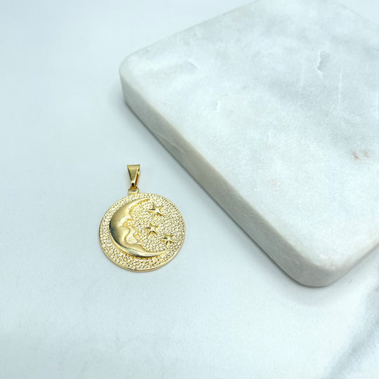 18k Gold Filled Half Moon with Face and Stars Texturized Medal, Medallion Pendant