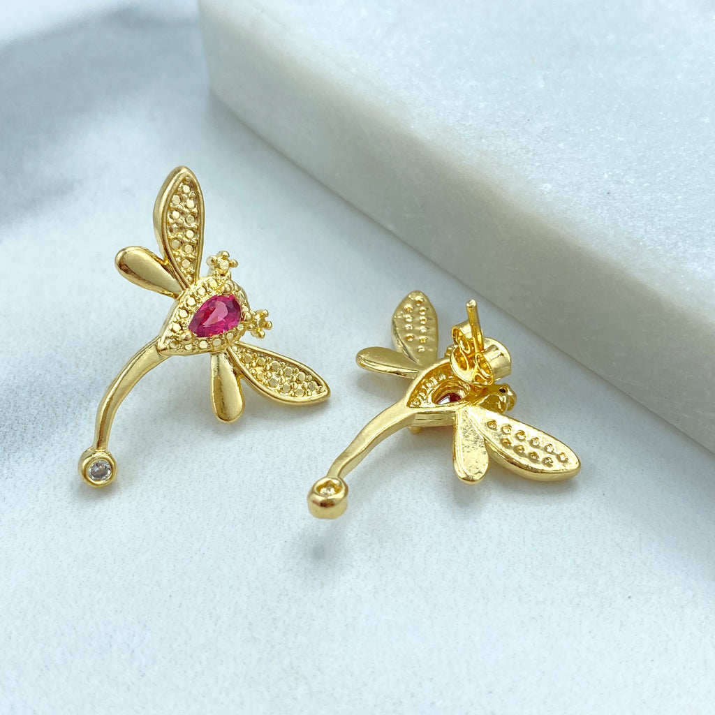 18k Gold Filled Dragon-Fly Stud Earrings, with White and Pink Cubic Zirconia, Cute Dragon-Fly Earrings