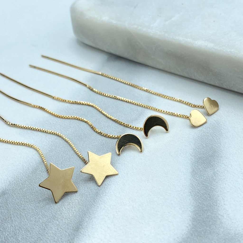 18k Gold Filled Box Chain Threader Earrings with Drop Polished Star, Moon or Heart Charm