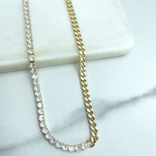 14k Gold Filled Necklace with Half Side Clear Tennis Zirconia & Half Side Curb Link Chain
