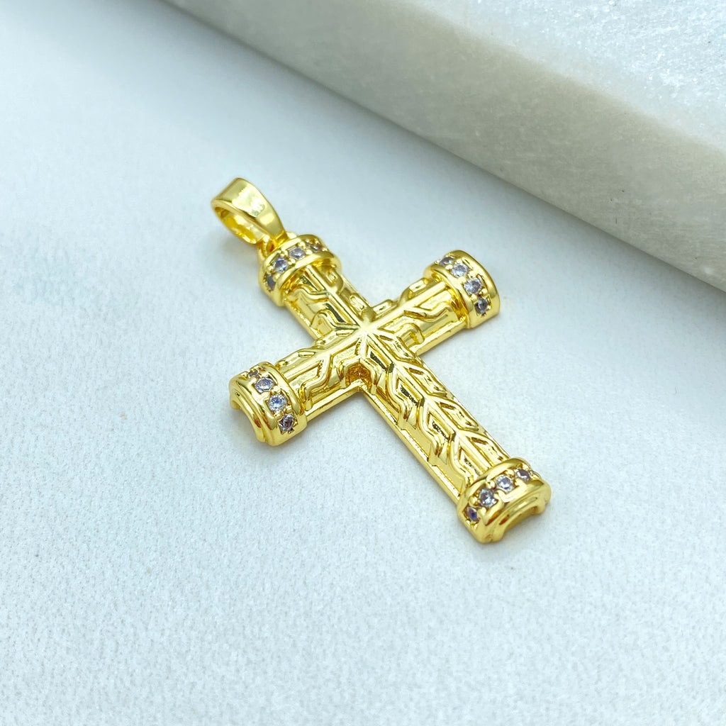18k Gold Filled Textured Cross Pendant, CZ Accent Religious Charm, Statement Faith Jewelry, CZ Cross Pendant