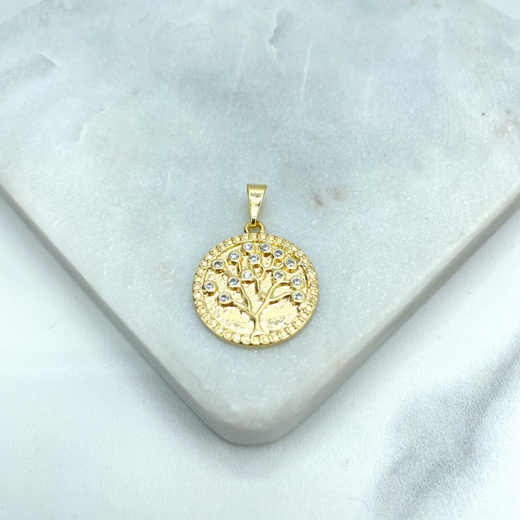 18k Gold Filled Tree of Life Medal, Medallion Pendant Clear Micro Cubic Zirconia