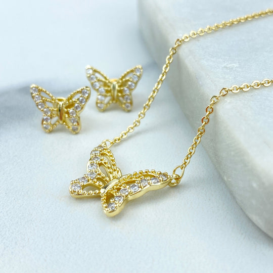 18k Gold Filled Butterfly Stud Earrings & Necklace Jewelry Set, Micro CZ Butterfly Set