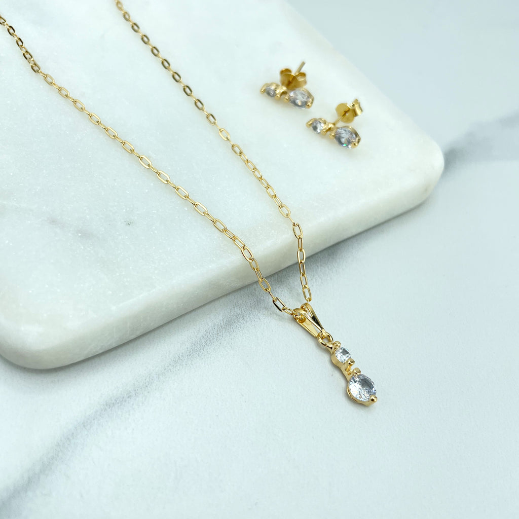 18k Gold Filled 2mm Paperclip Chain Necklace with Double CZ Charm Affordable Set