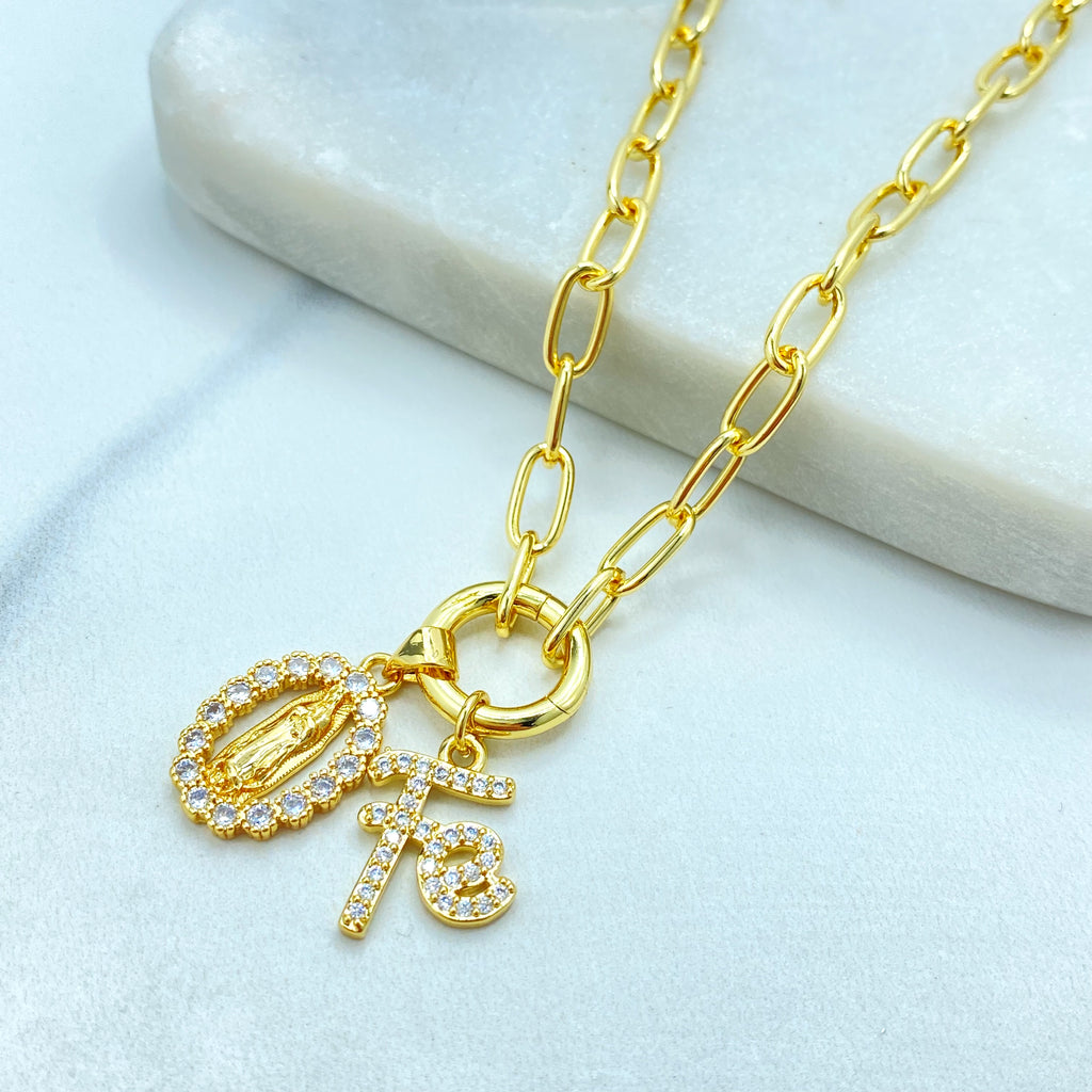 18k Gold Filled Necklace, Paperclip Chain with CZ Guadalupe Medal & “Fe” Charm Necklace, 16" + Extender