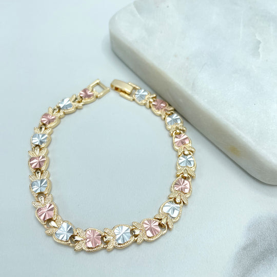 18k Gold Filled Tri-Tone Apple Heart Shape Linked Chain Bracelet