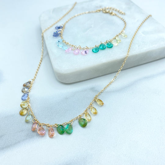 18k Gold Filled Multi Pastel Colored Teardrop & Dangle Crystal Necklace or Bracelet SET
